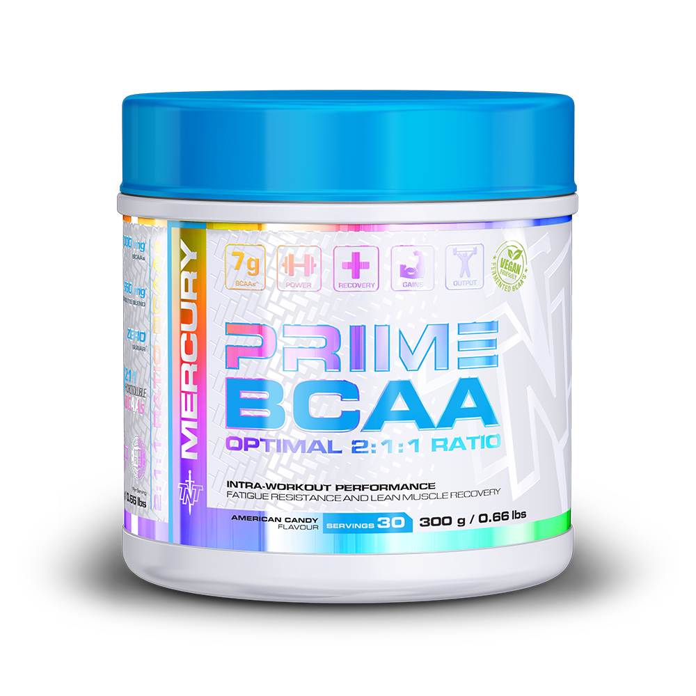 Container of Mercury Prime BCAA supplement with blue lid on a white background Muscle Mecca