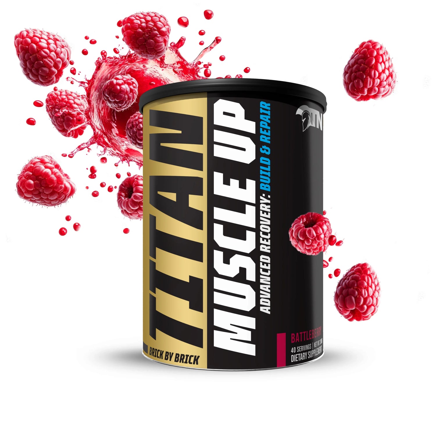 Titan Muscle Up supplement container with raspberries on a white background Muscle Mecca