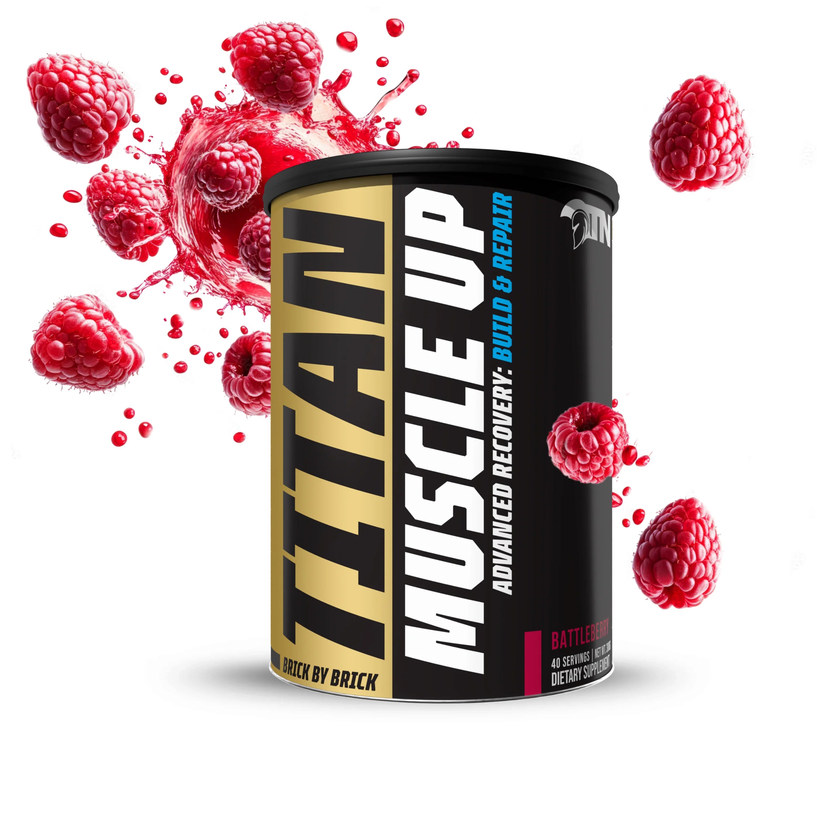 Titan Muscle Up supplement container with raspberries on a white background Muscle Mecca