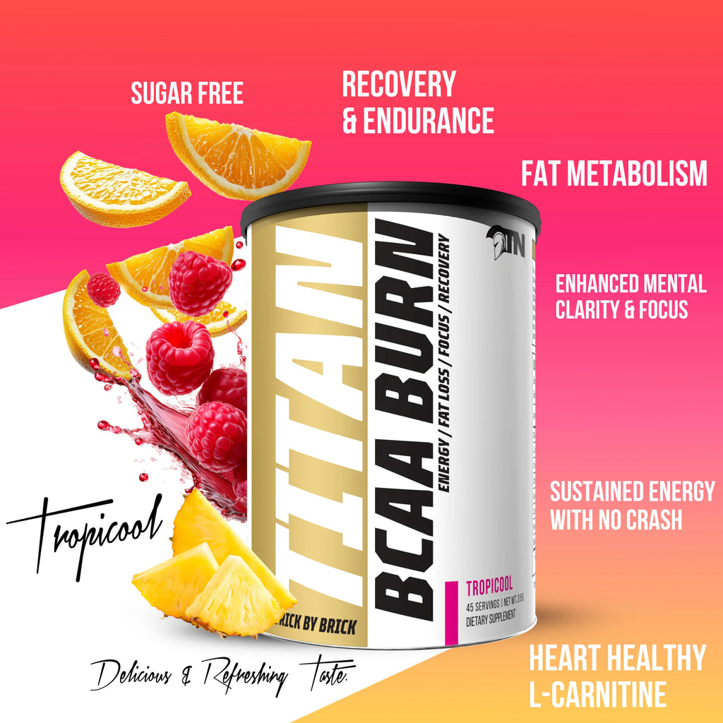 BCAA supplement container with fruit graphics and text on a pink and orange gradient background Muscle Mecca