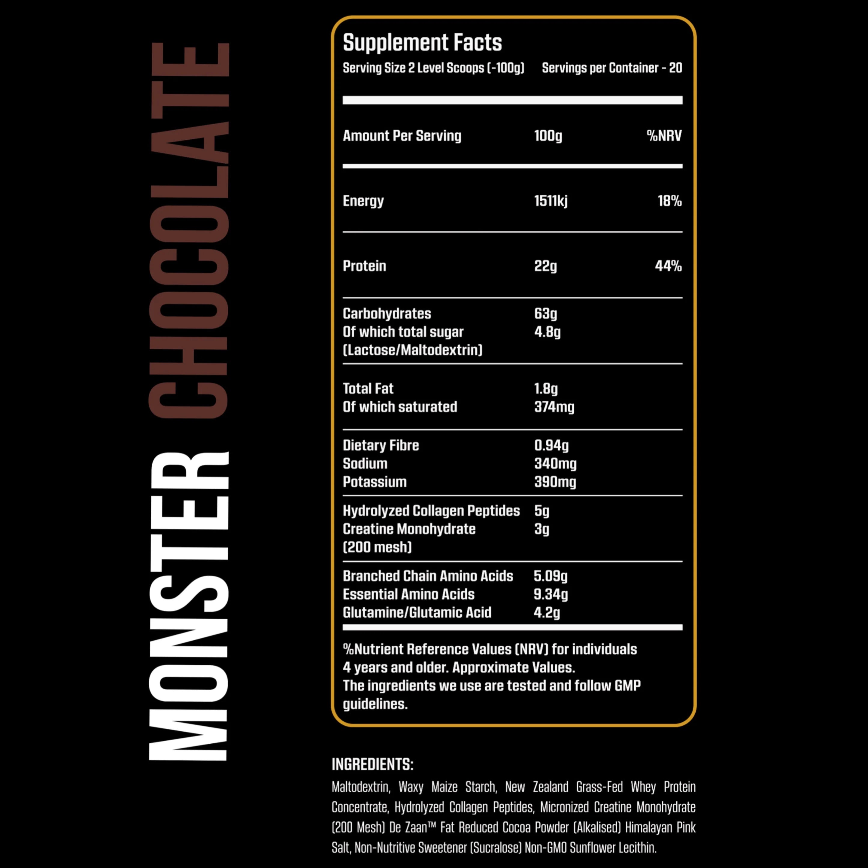 Supplement facts label for Monster Chocolate on a black background