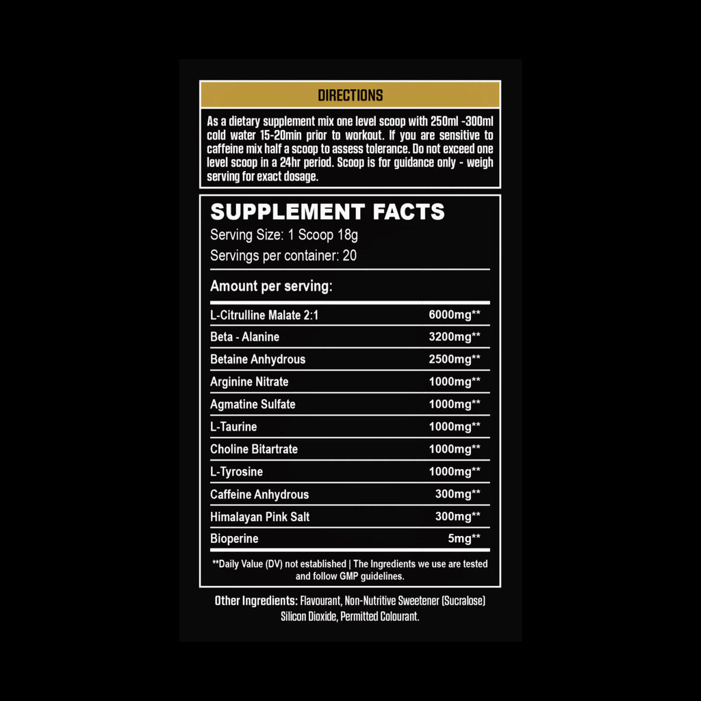 Supplement label with directions and supplement facts on a black background Muscle Mecca