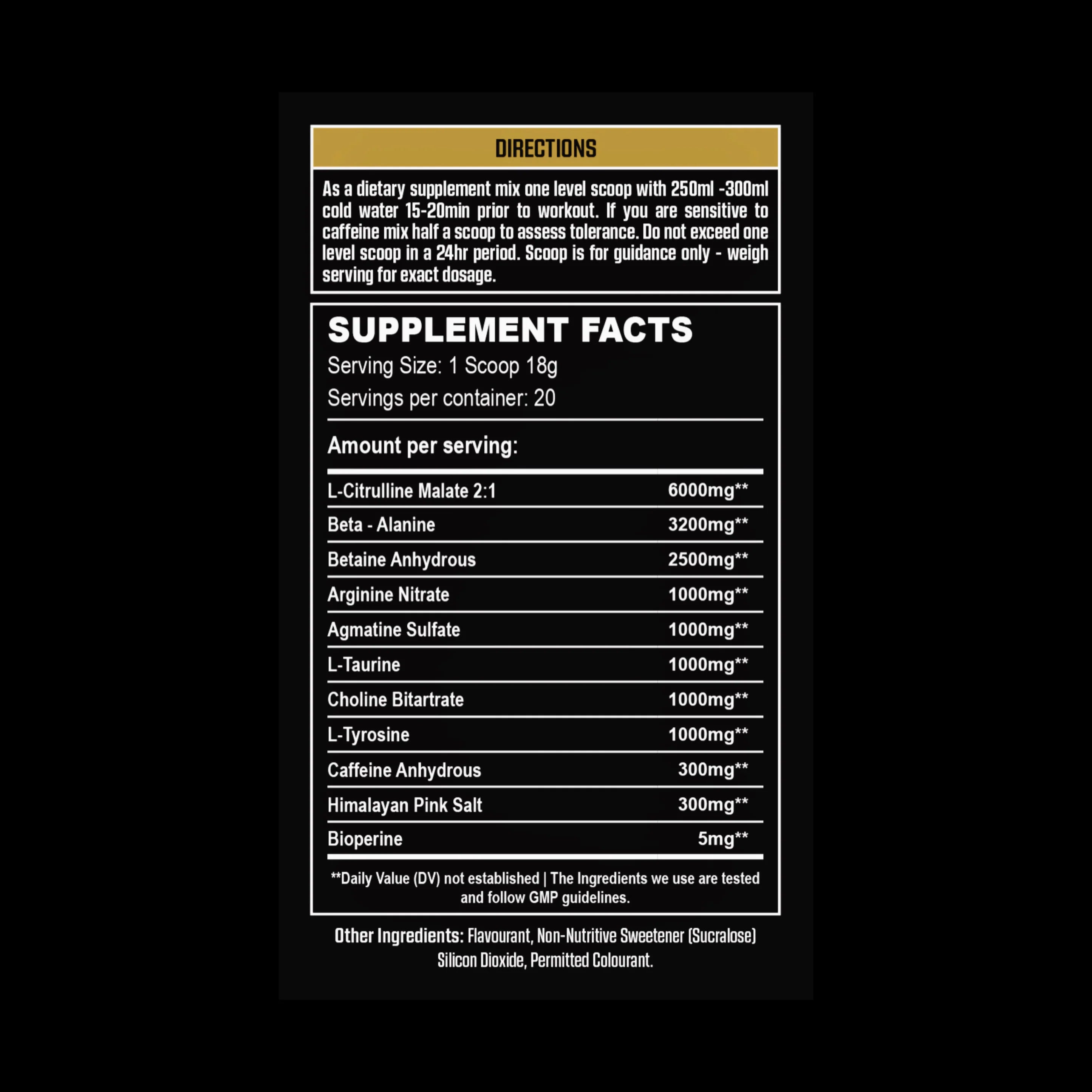 Supplement label with directions and supplement facts on a black background Muscle Mecca