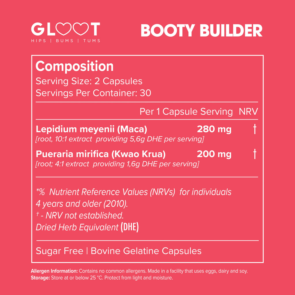 Nutritional label for 'Booty Builder' supplement on a pink background
