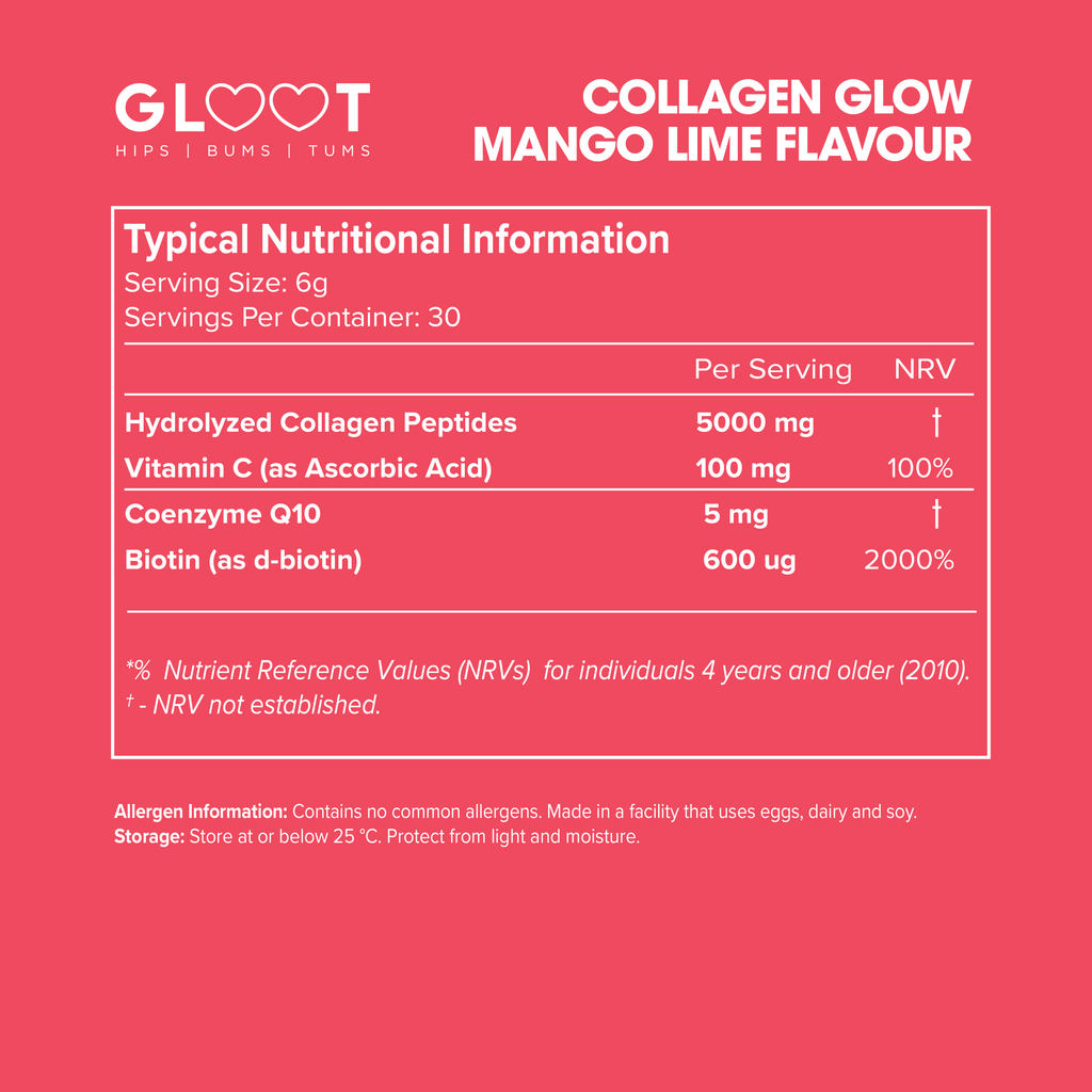 Nutritional information label for GLOOT Collagen Glow Mango Lime Flavour on a pink background Muscle Mecca