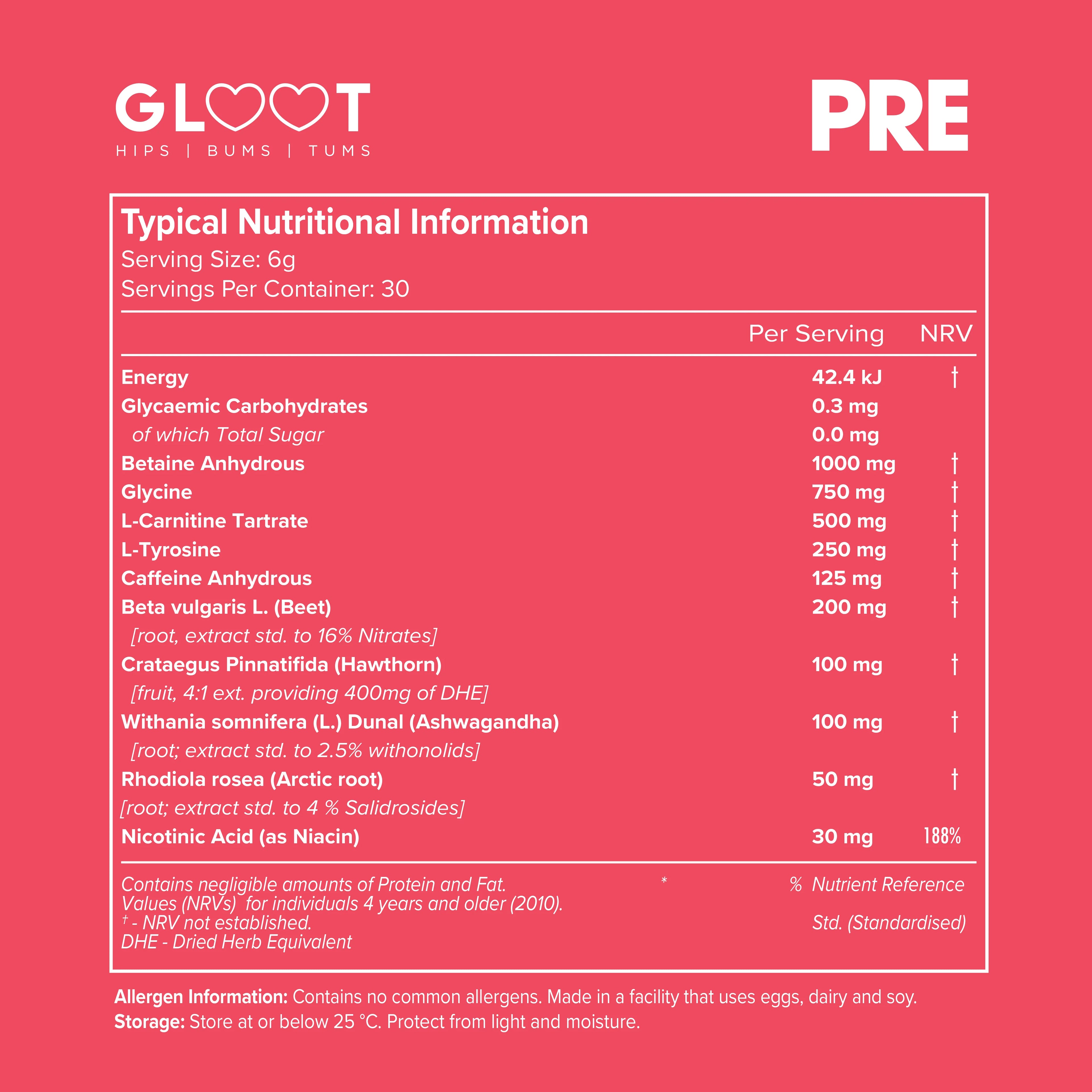 Nutritional information label for a product with 'Gloot' branding on a red background Muscle Mecca