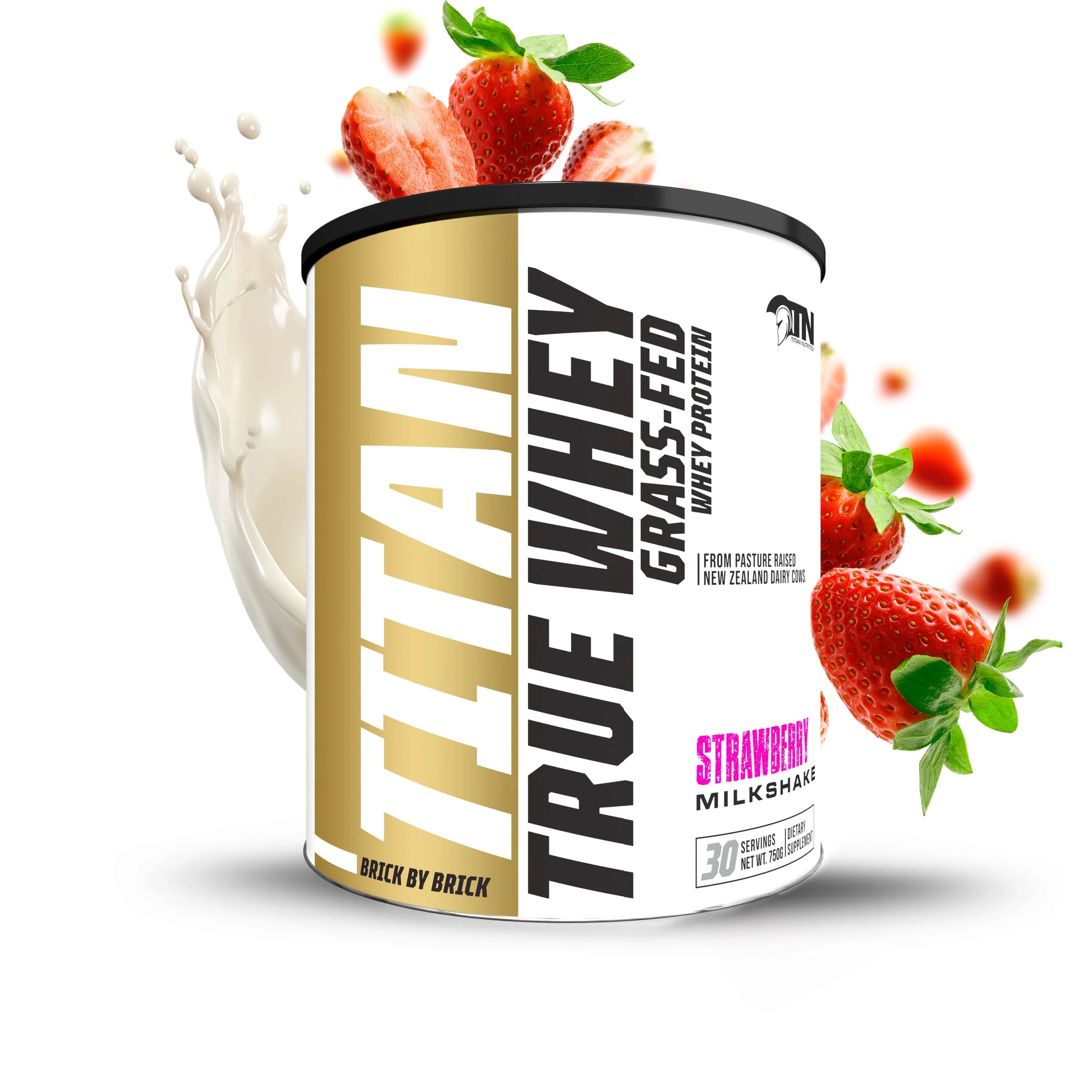 Titan True Whey grass-fed whey protein container with strawberries and milk on a white background Muscle Mecca