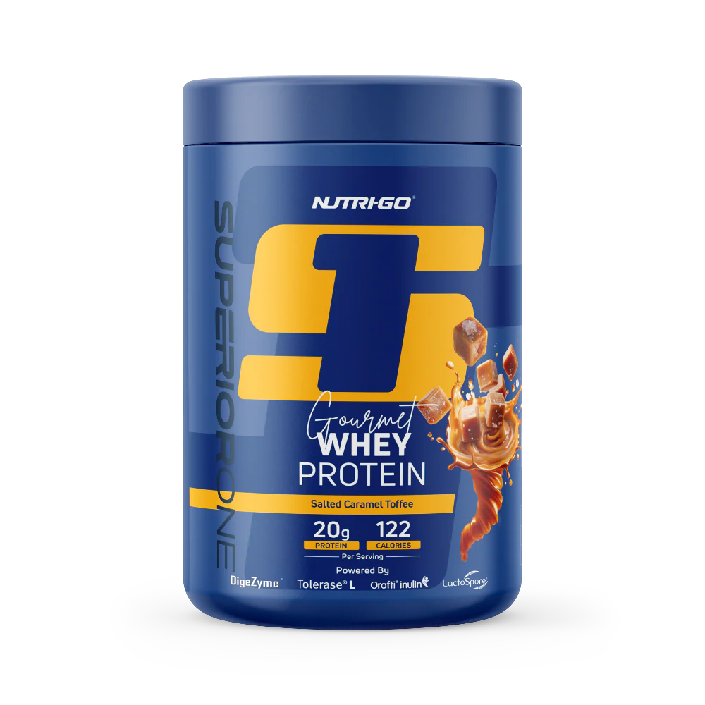 NUTRIGO Super G Gourmet Whey Protein container on a white background Muscle Mecca