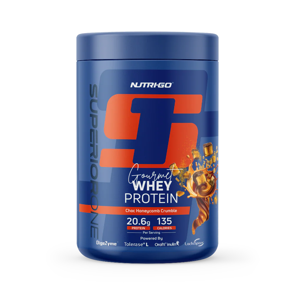 NutraGo Super 5 Gourmet Whey Protein container on a white background Muscle Mecca