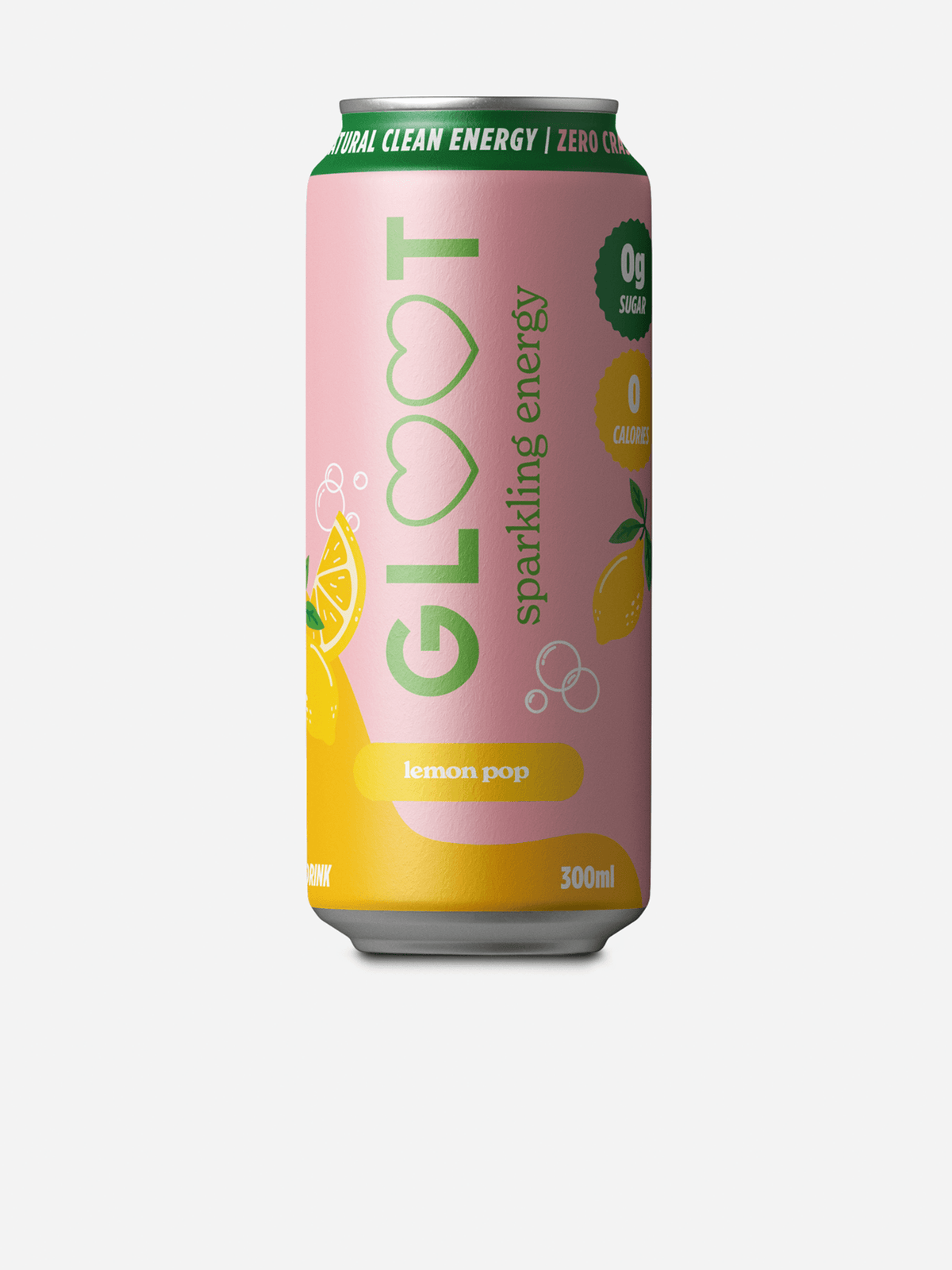 A 300ml can of GLOOT Sparkling Energy Lemon Pop beverage, featuring a pastel pink and yellow label with green accents, set against a plain light gray background.