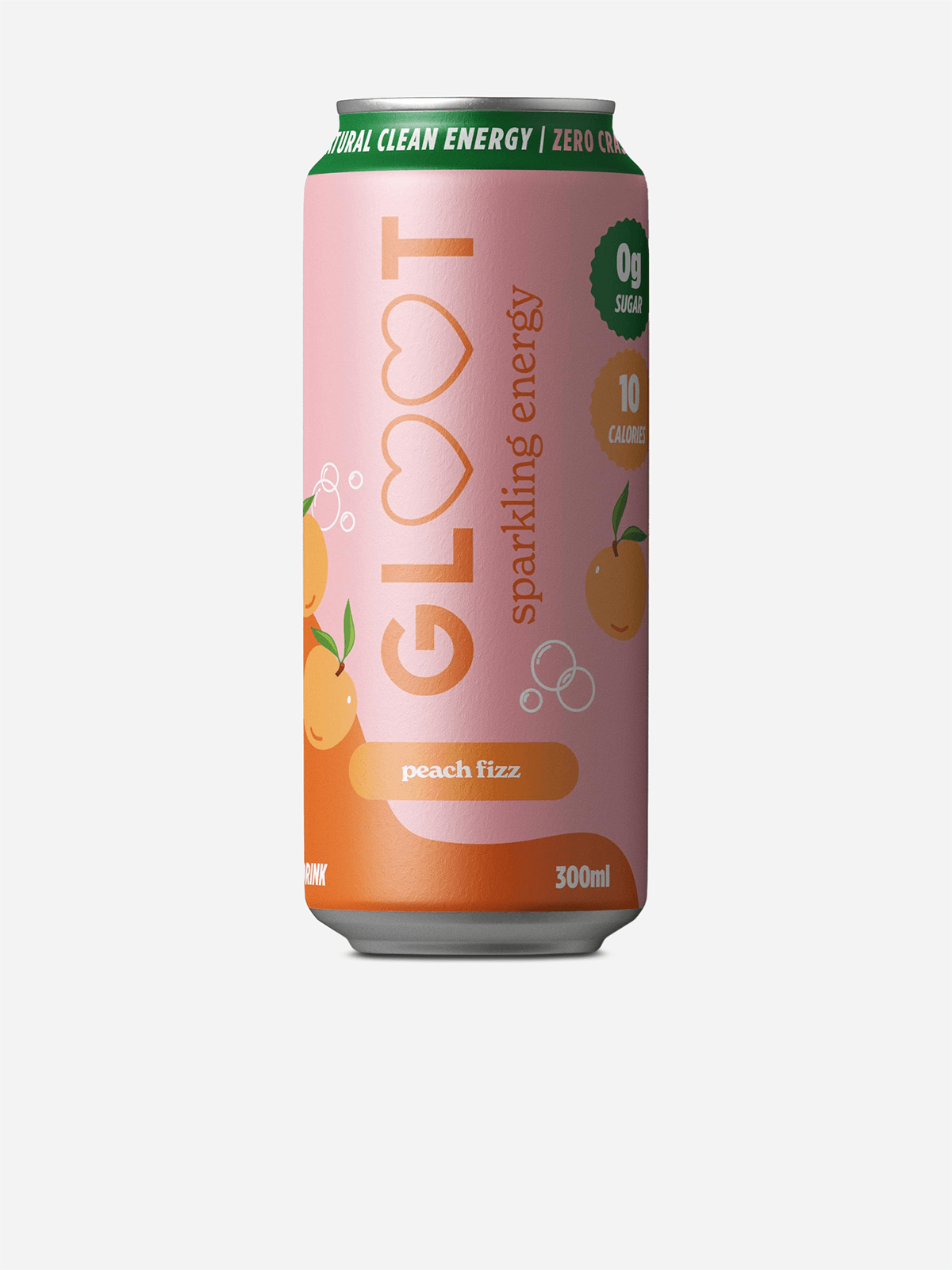 A 300ml can of GLOOT Sparkling Energy drink in peach fizz flavor, featuring a pink and orange label with peach illustrations, set against a plain light gray background.