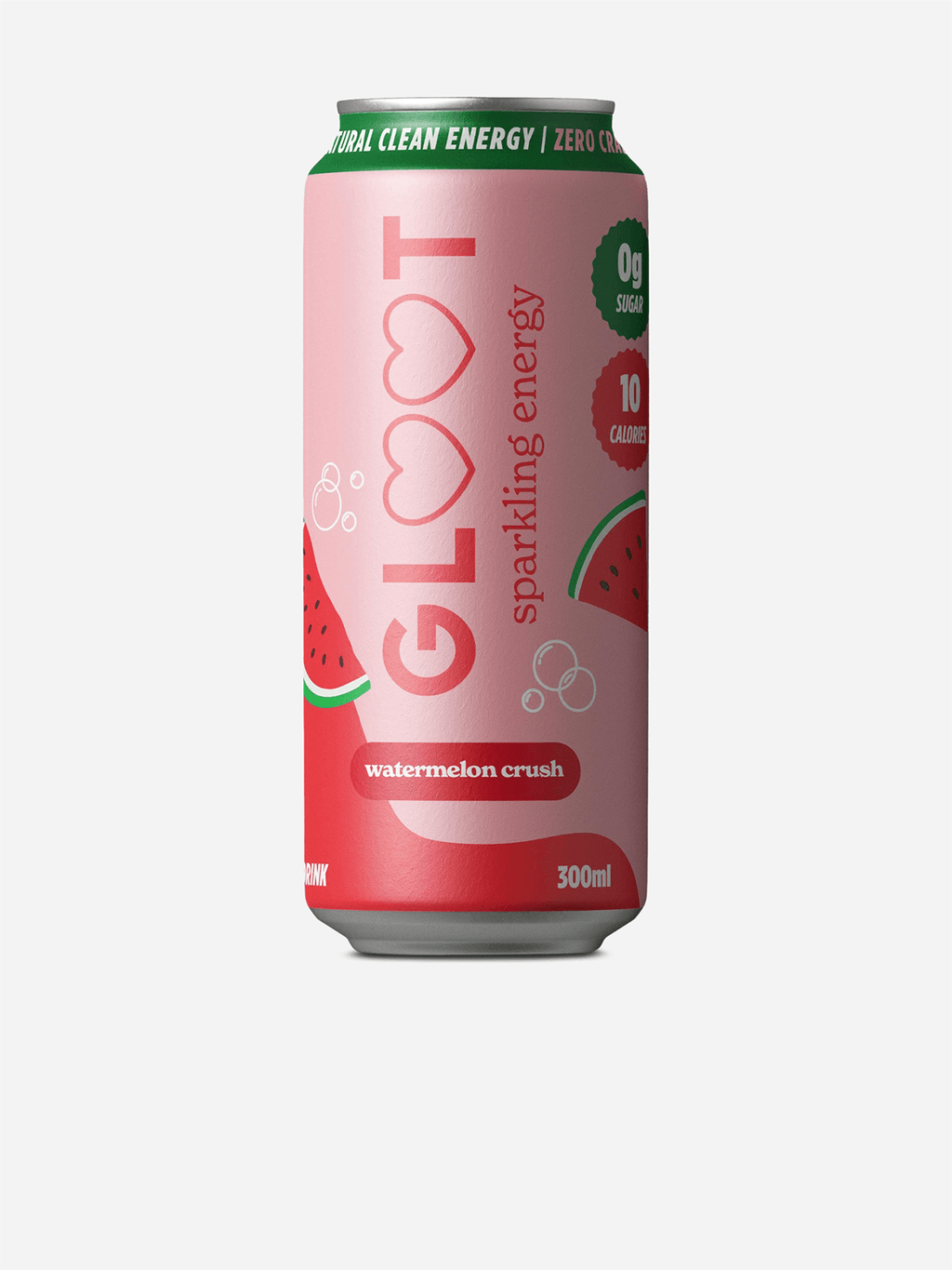 A 300ml can of GLOOT Sparkling Energy in watermelon crush flavor, featuring a pink and red label with watermelon graphics, on a light gray background.
