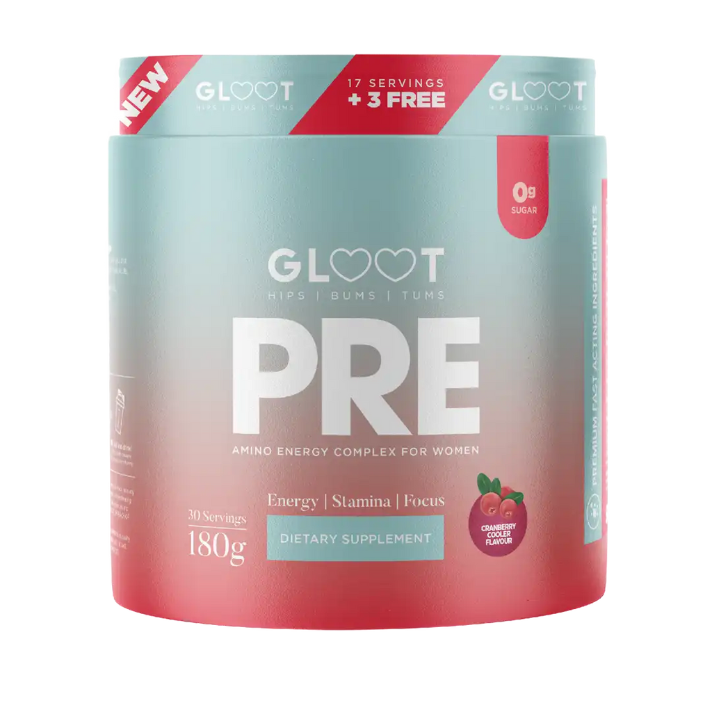 Gloott Pre supplement container with gradient design on a white background Muscle Mecca