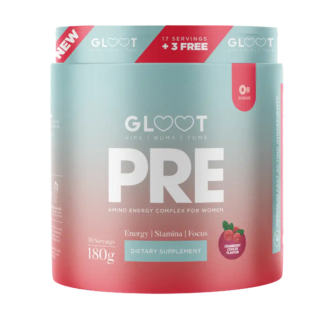 Gloott Pre supplement container with gradient design on a white background Muscle Mecca