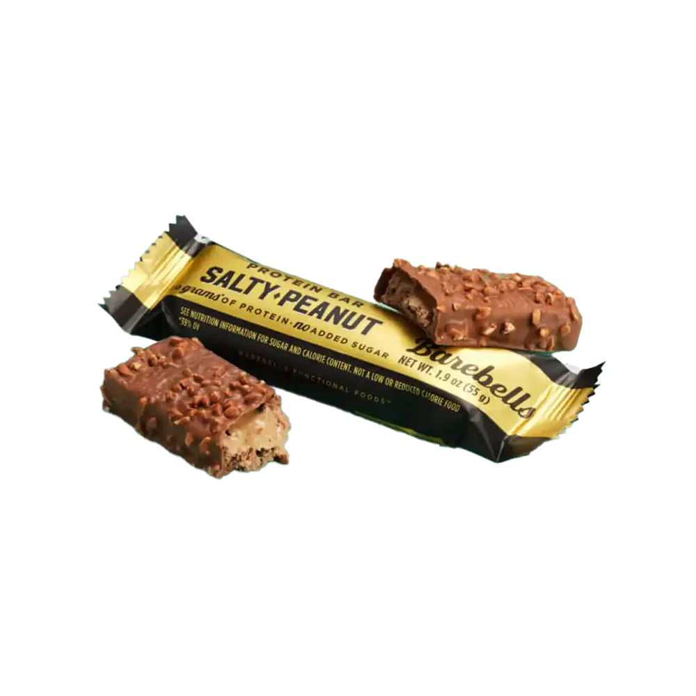 Barebella Salty Peanut protein bar with packaging on a white background Muscle Mecca