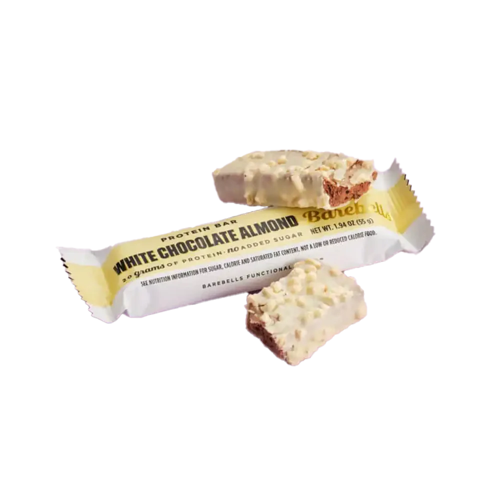 White chocolate almond protein bar with packaging on a white background Muscle Mecca