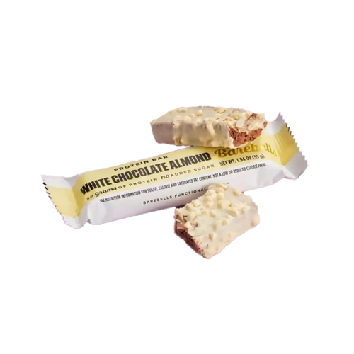 White chocolate almond protein bar with packaging on a white background Muscle Mecca