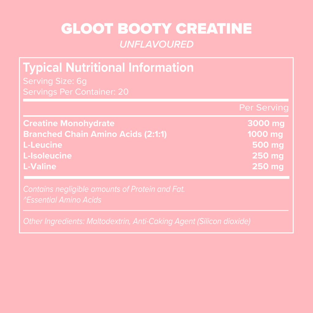 Nutritional information label for GLOOT Booty Creatine on a pink background Muscle Mecca