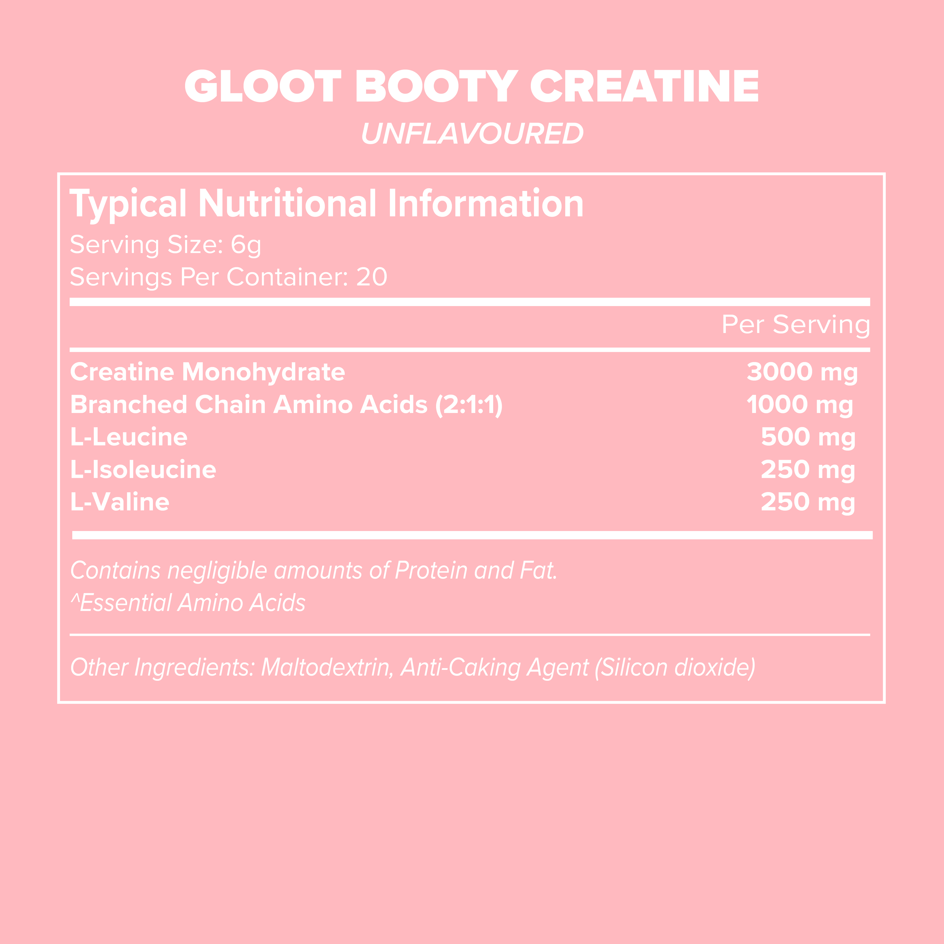 Nutritional information label for GLOOT Booty Creatine on a pink background Muscle Mecca