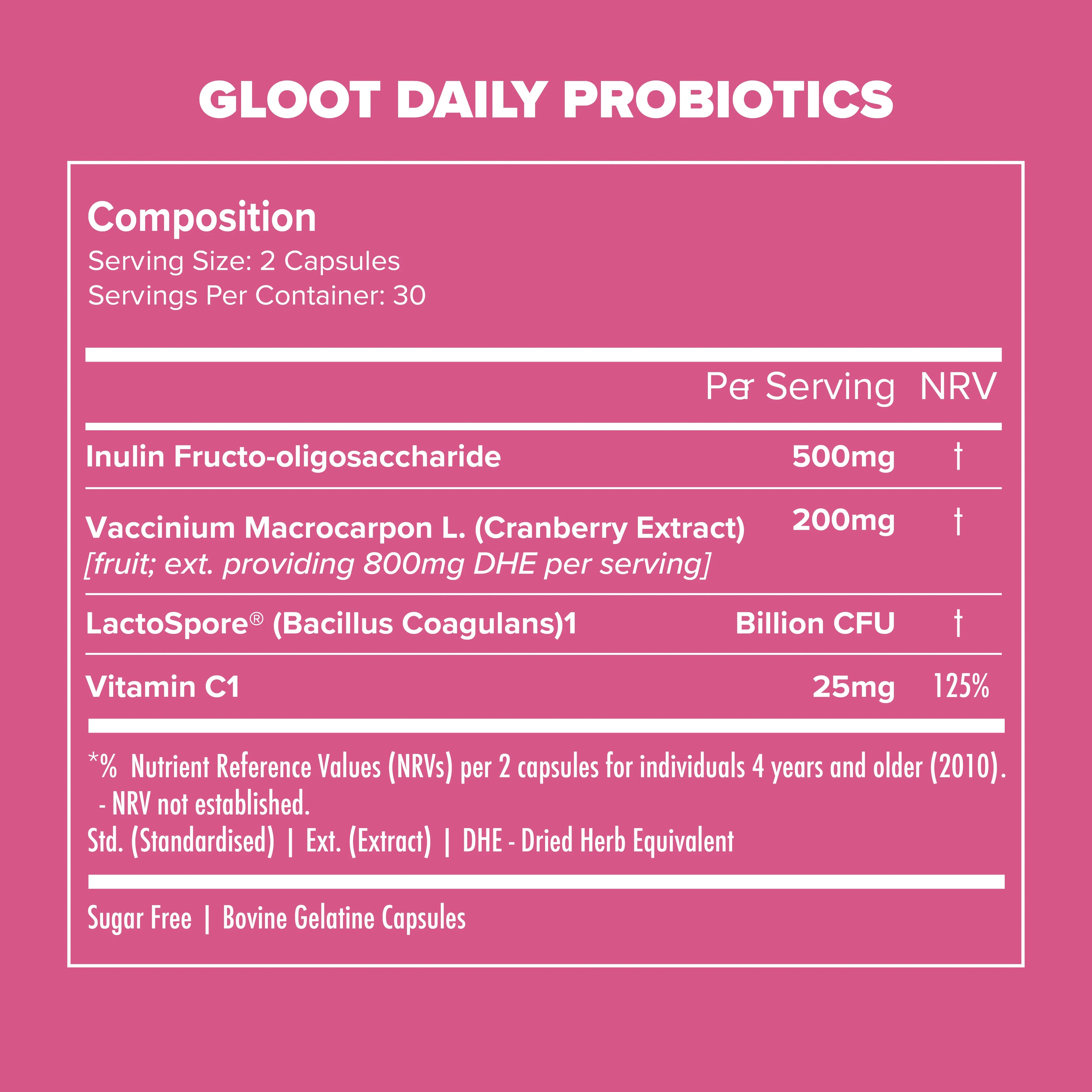 Gloot Daily Probiotics label with ingredient list on a pink background Muscle Mecca