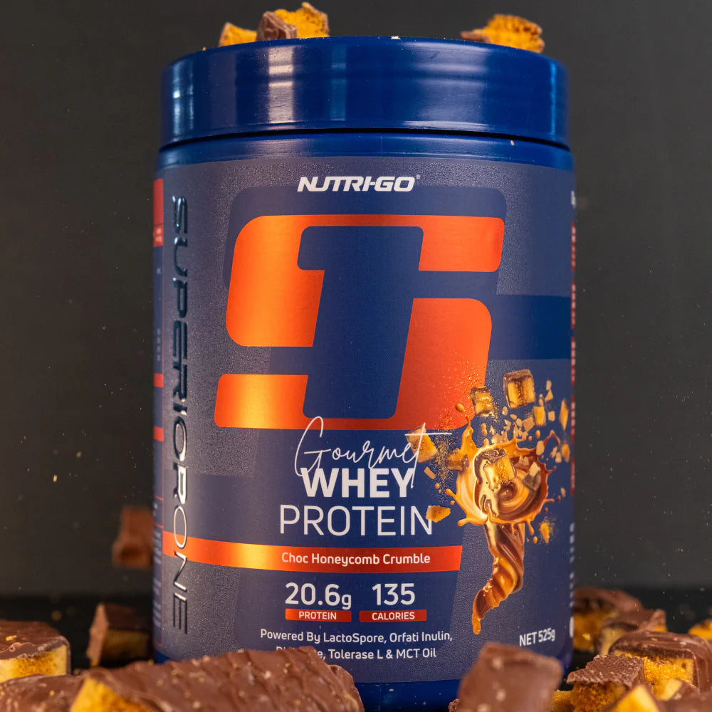 NUTRIGO whey protein container with chocolate honeycomb crumble flavor on a dark background Muscle Mecca