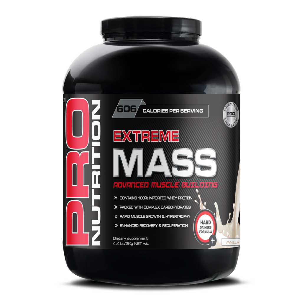 Pro Nutrition Extreme Mass supplement container on a white background Muscle Mecca