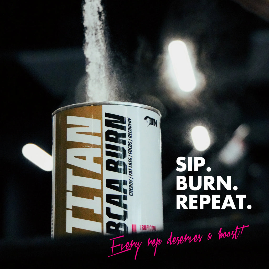 Titan BCAA Burn supplement can with text 'Sip. Burn. Repeat.' on a dark background Muscle Mecca