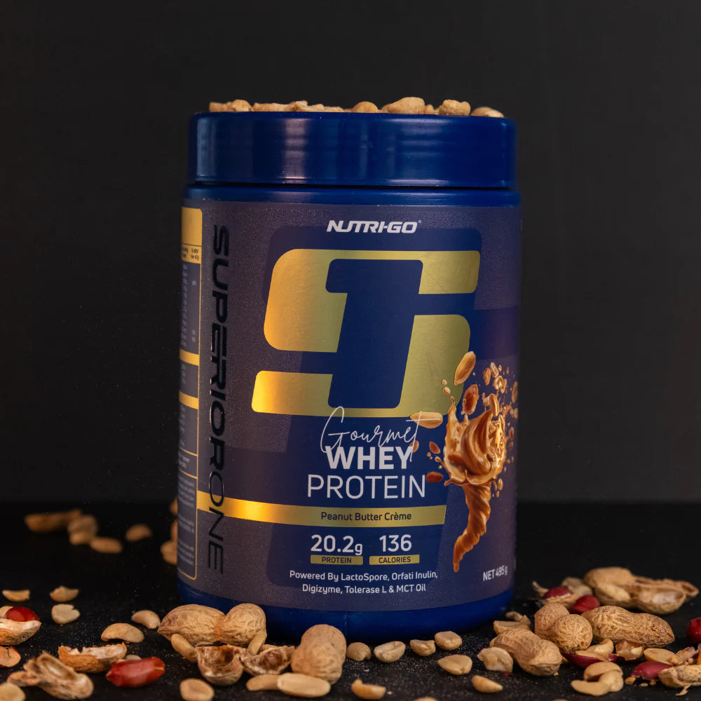 Nutrition supplement container with peanuts on a dark background Muscle Mecca