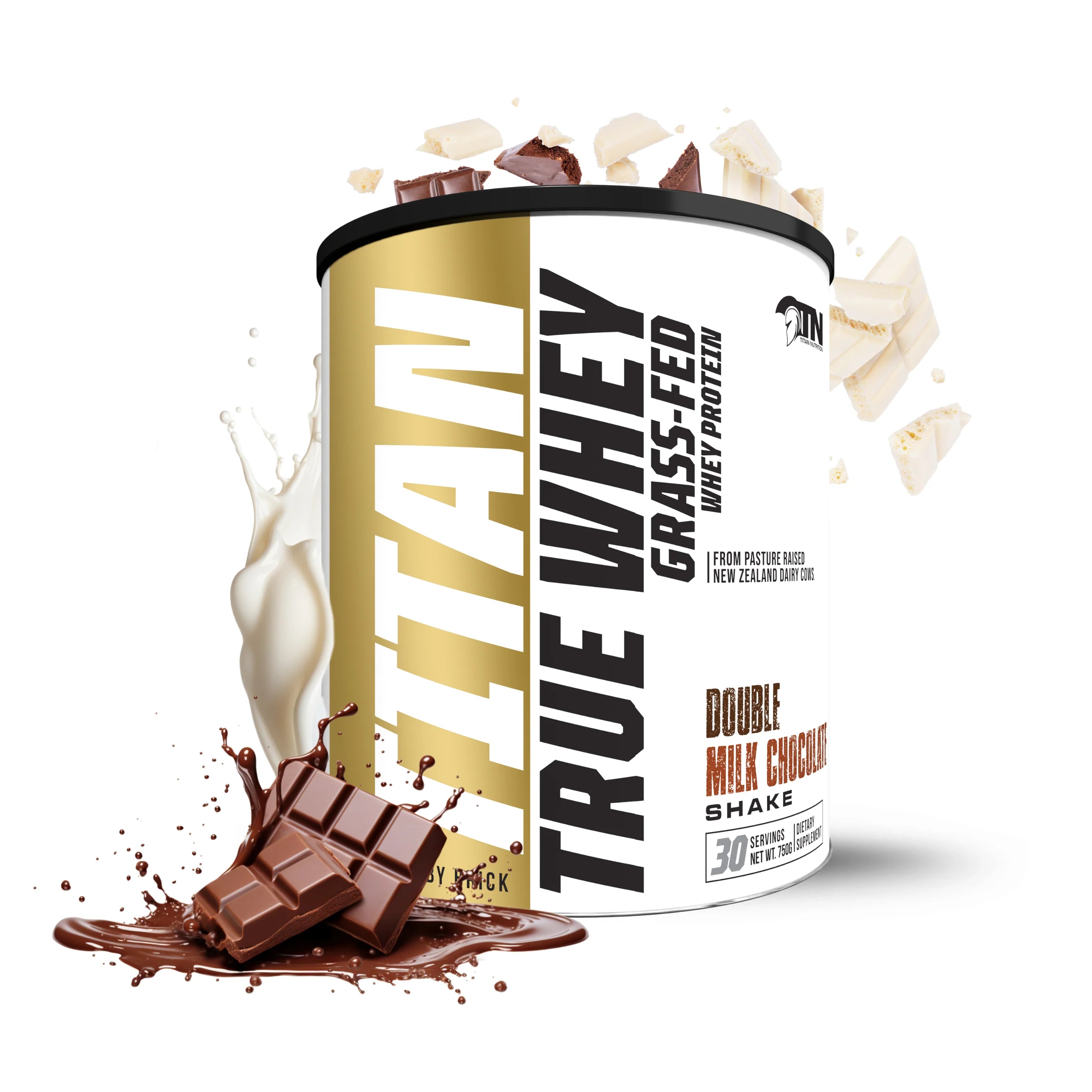 Titan True Whey grass-fed whey protein container with chocolate and milk elements on a white background Muscle Mecca