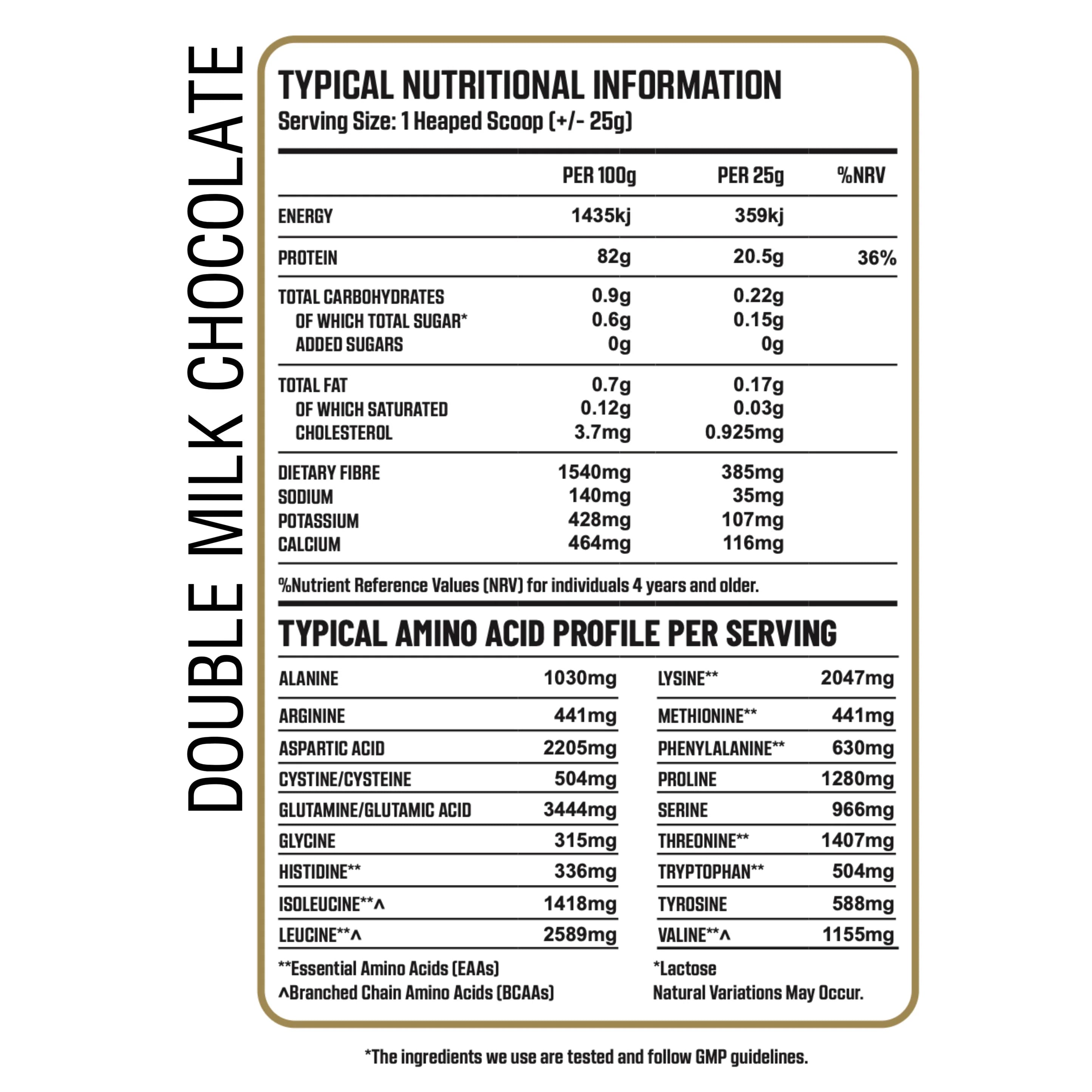 Nutritional information label for a protein product with double milk chocolate flavor.