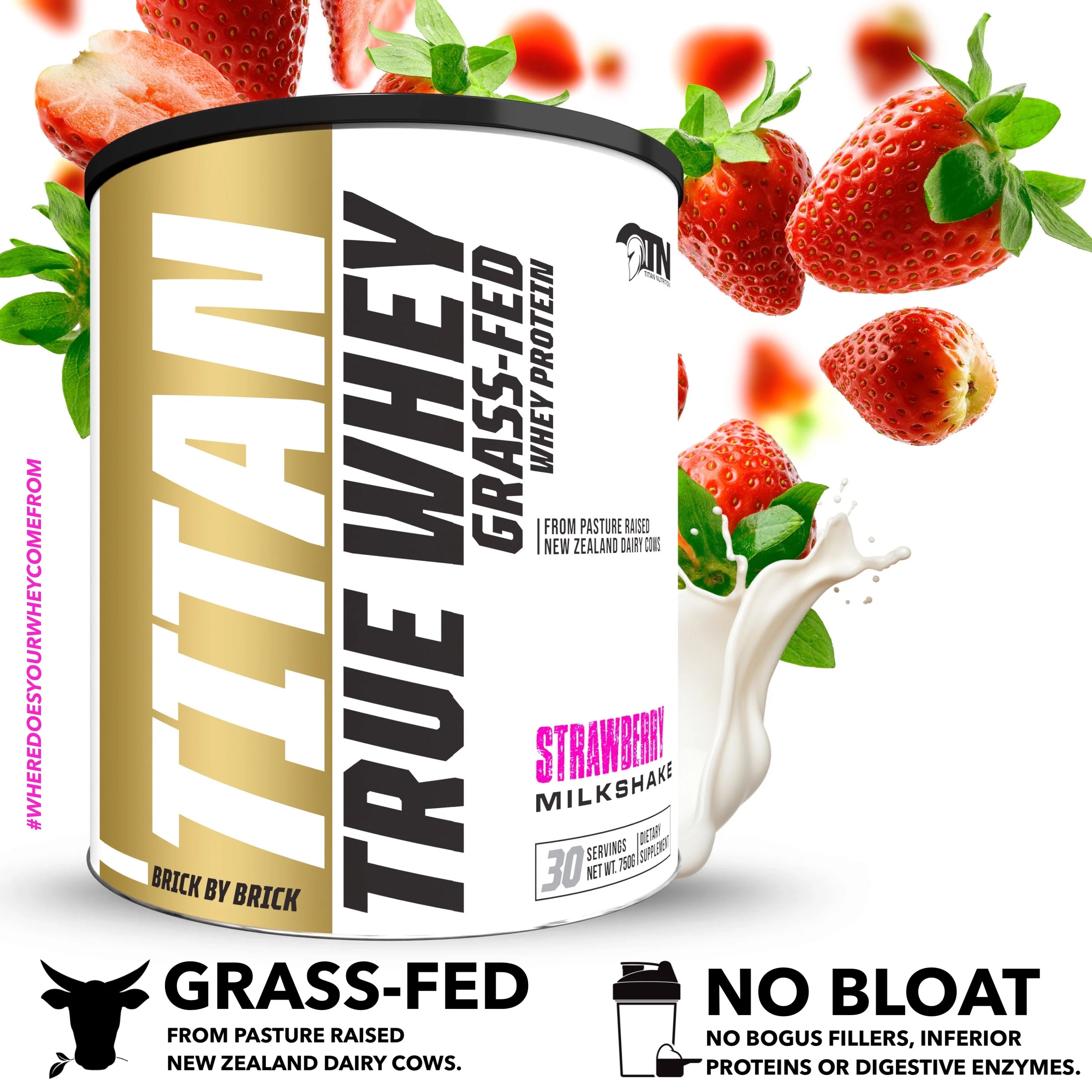 True Whey grass-fed whey protein container with strawberries on a white background Muscle Mecca