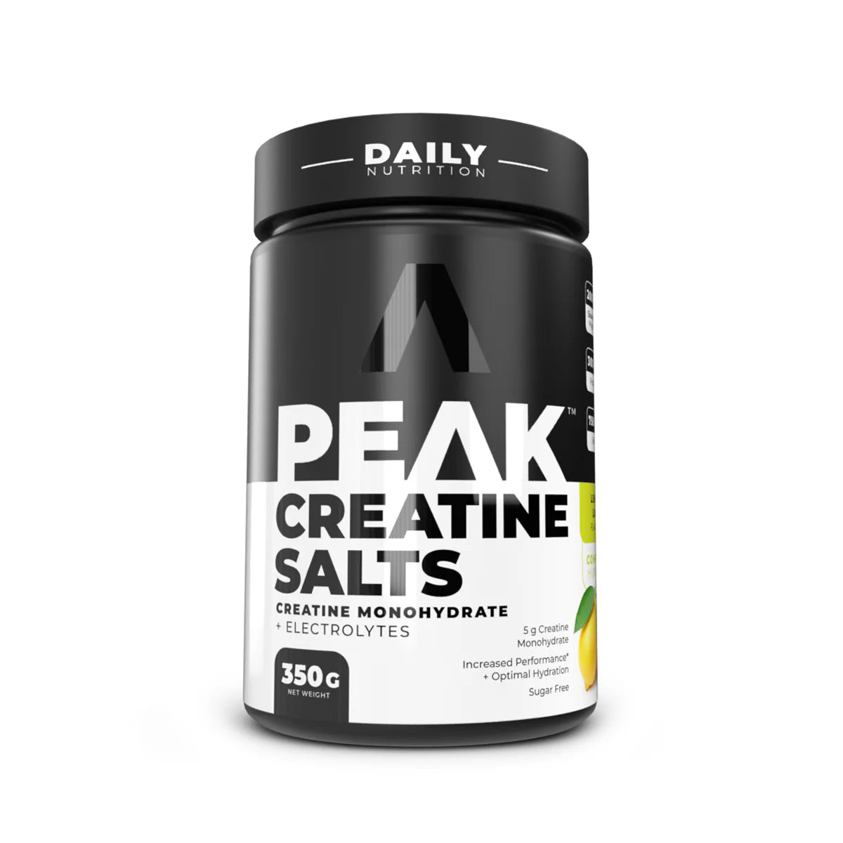 Supplement container labeled 'Peak Creatine Salts' by Daily Nutrition on a white background Muscle Mecca