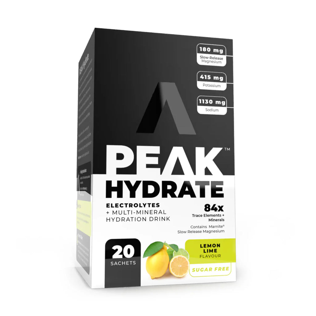 Box of Peak Hydrate electrolytes and multi-mineral hydration drink with lemon lime flavor on a white background Muscle Mecca