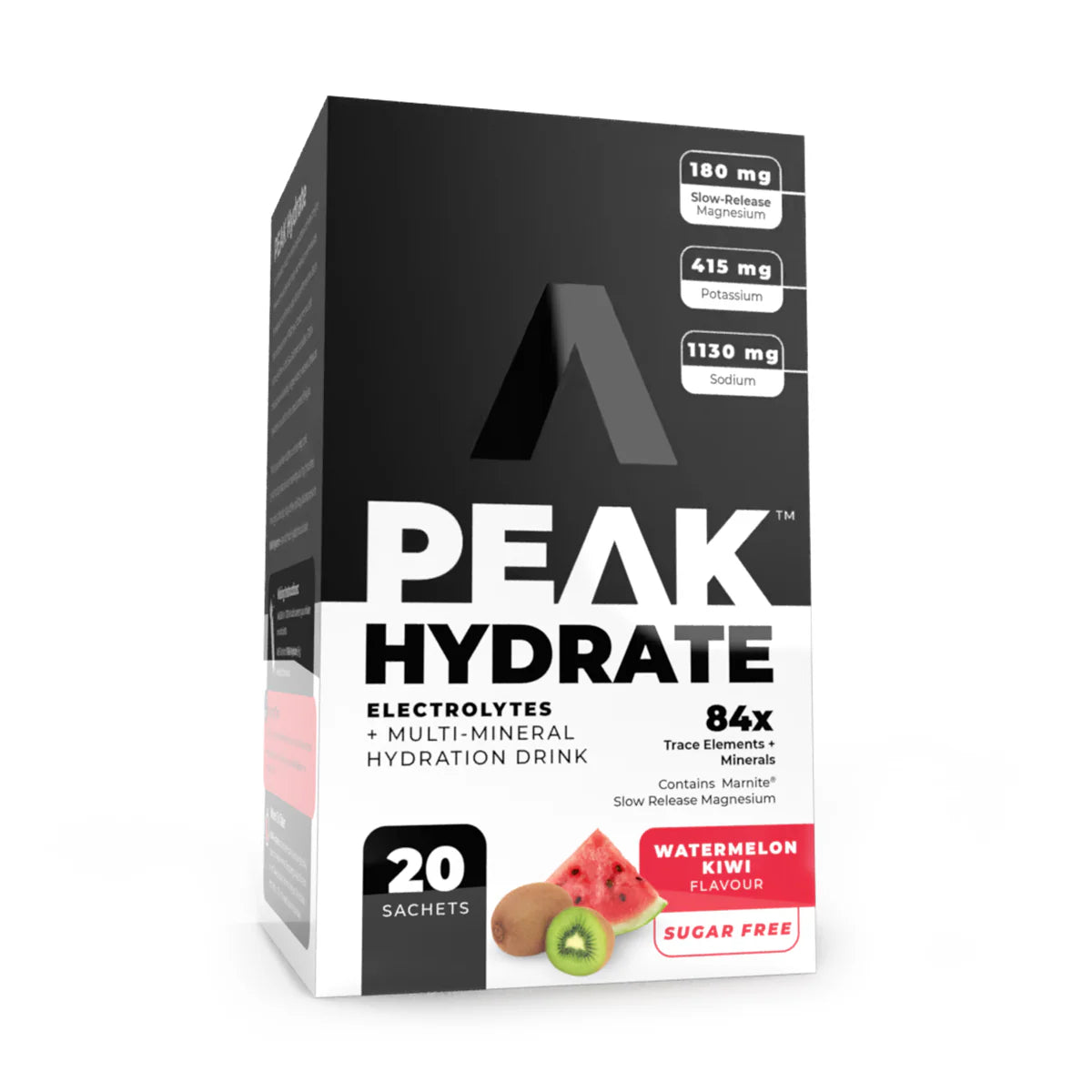 Box of Peak Hydrate electrolytes and multi-mineral hydration drink on a white background Muscle Mecca