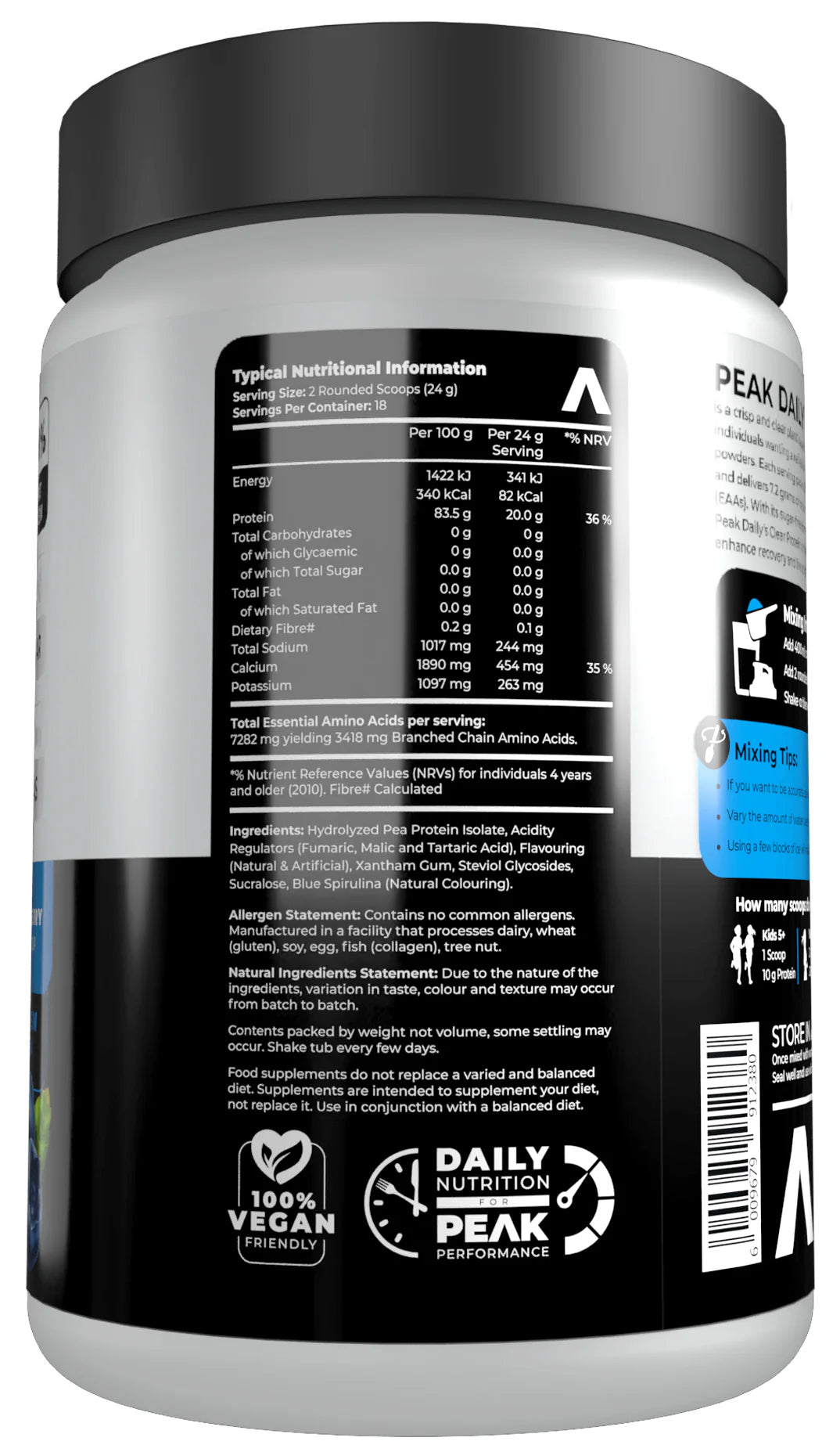 Supplement container with nutritional information label on a white background Muscle Mecca