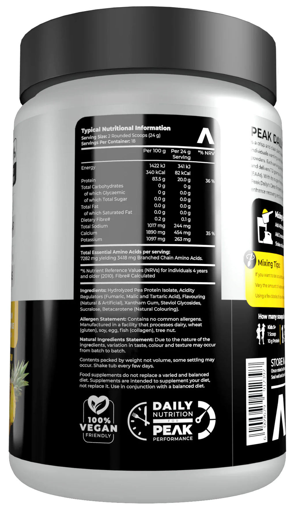 Supplement container with label showing nutritional information and branding Muscle Mecca