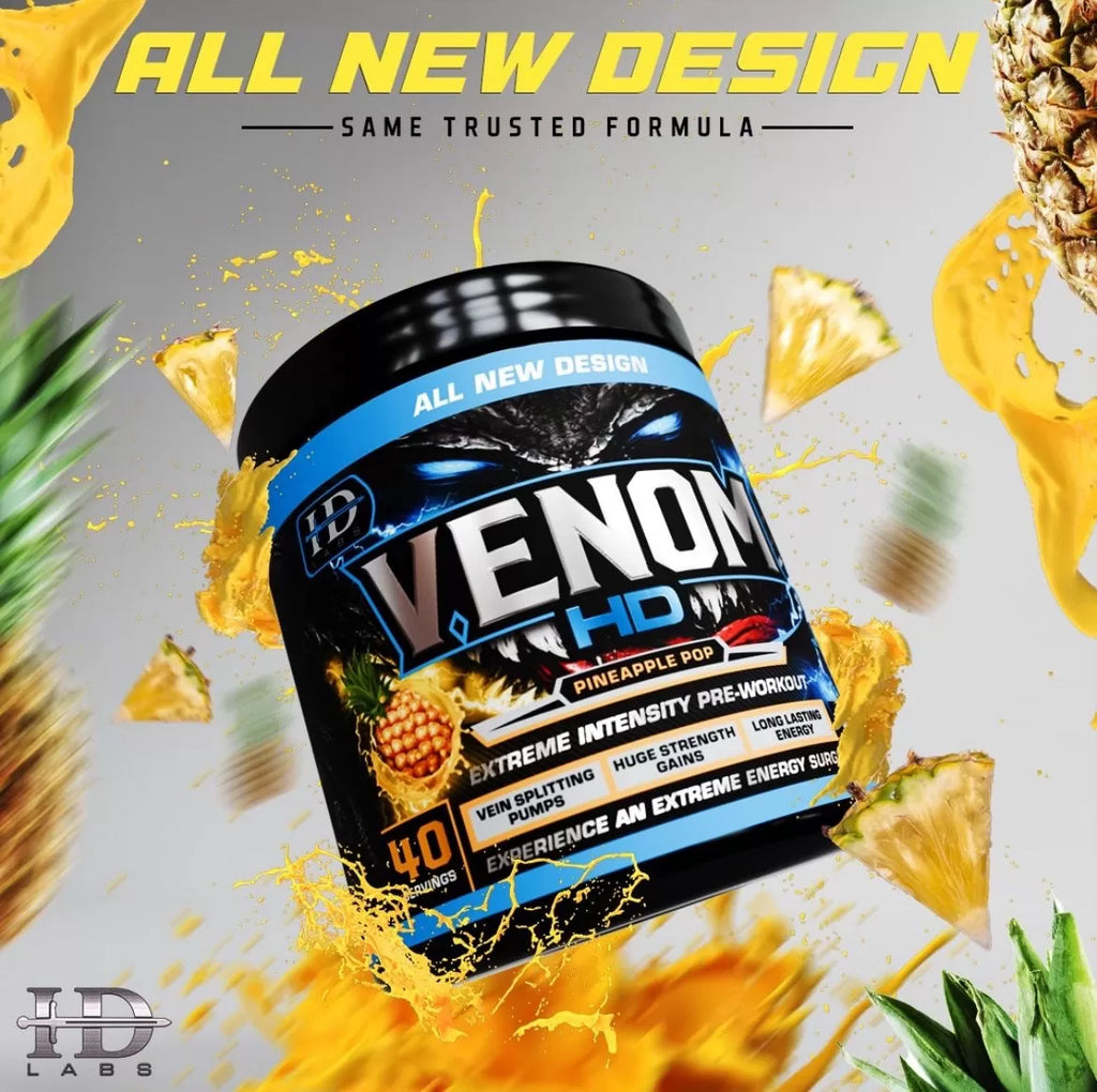 Pre-workout supplement container labeled 'Venom HD' with pineapple graphics on a gray background. Muscle Mecca