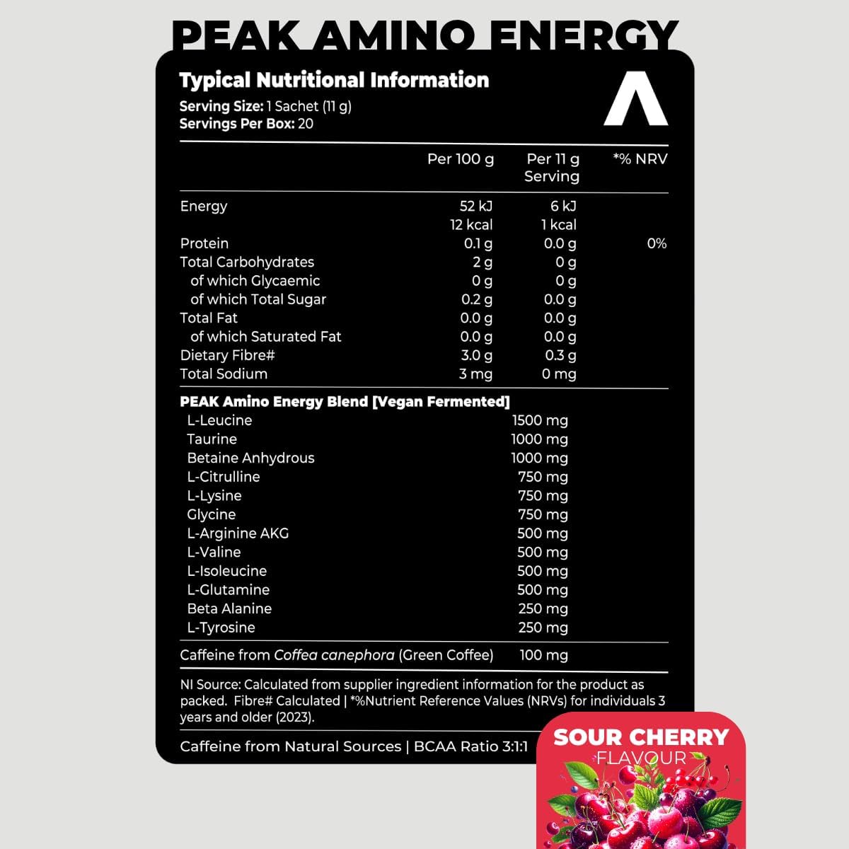 Nutritional information label for Peak Amino Energy supplement with a sour cherry flavor badge. Muscle Mecca