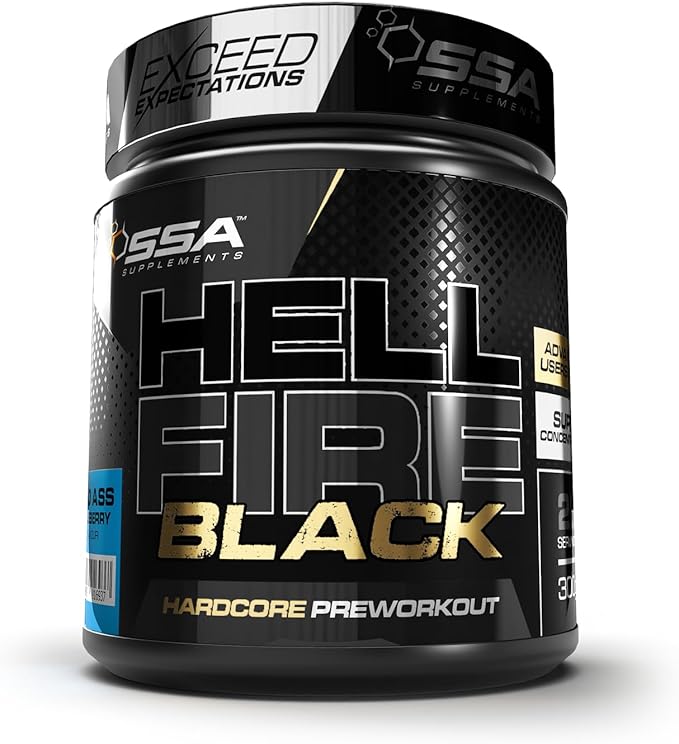 SSA Supplements Hell Fire Black hardcore preworkout container on a white background Muscle Mecca