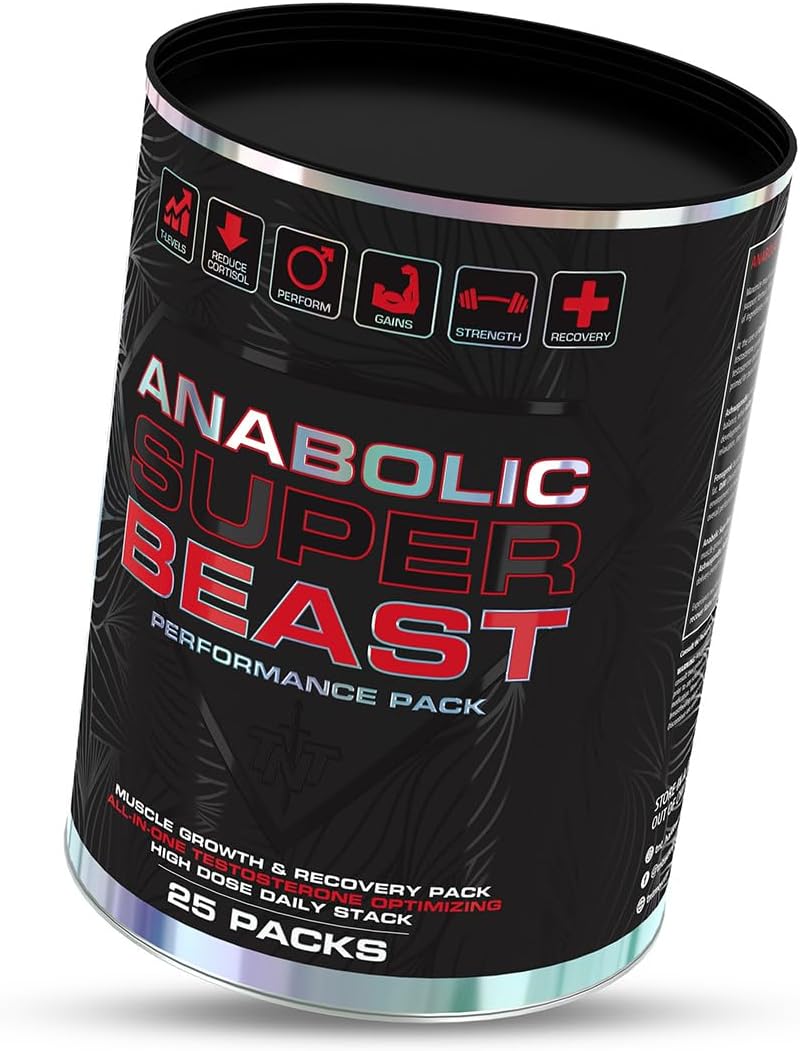 Supplement container labeled 'Anabolic Super Beast' on a white background Muscle Mecca