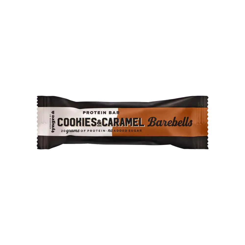 Cookies & Caramel protein bar from Barebells on a white background Muscle Mecca