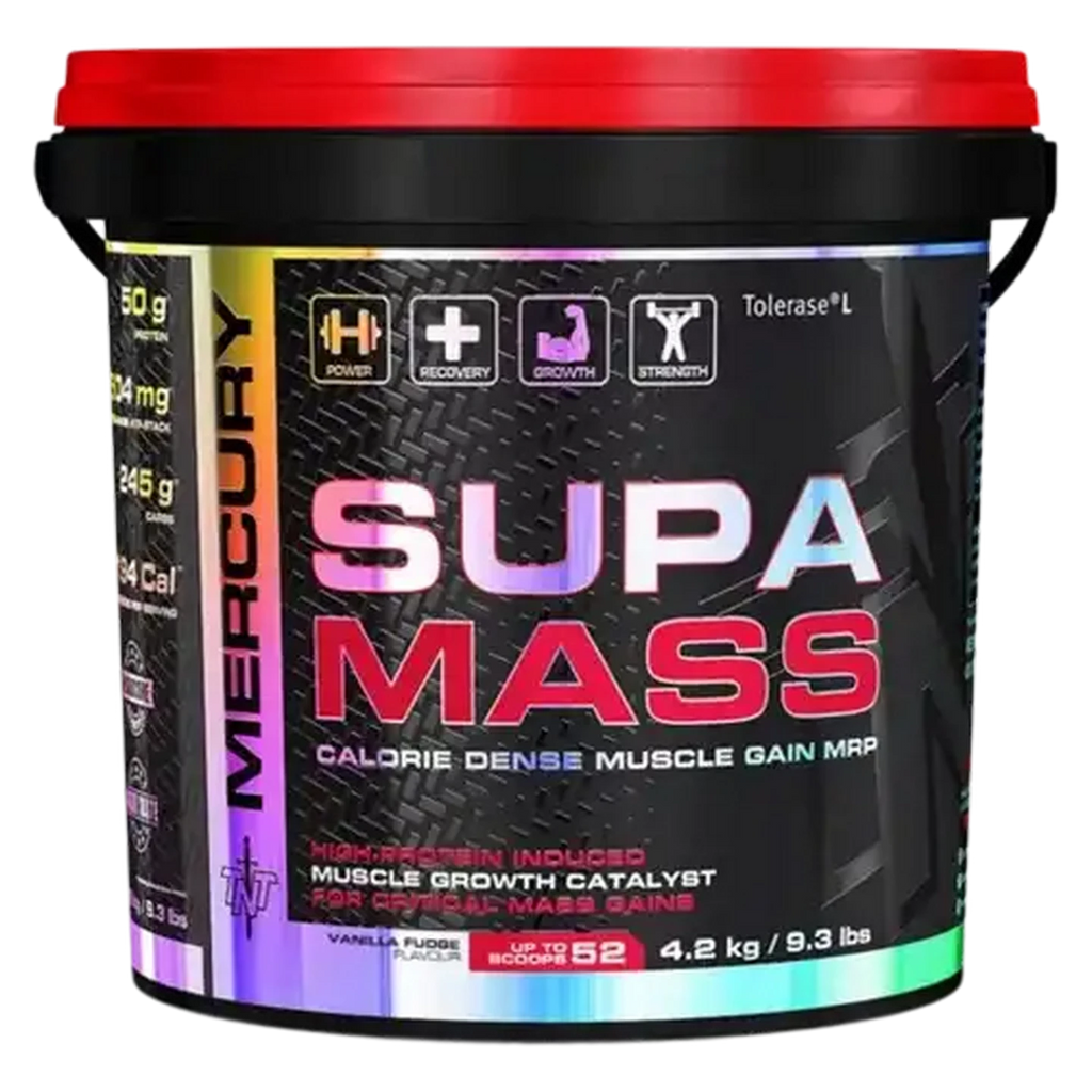 Supa Mass supplement container with red lid and black body on a white background Muscle Mecca