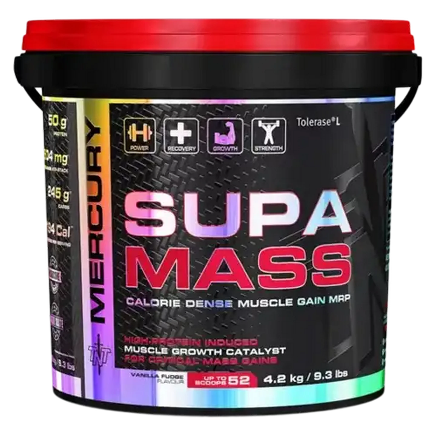 Supa Mass supplement container with red lid and black body on a white background Muscle Mecca