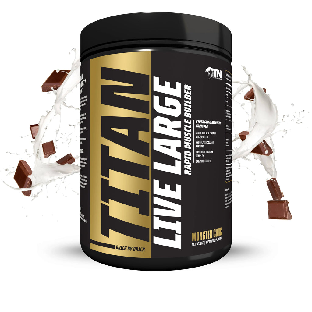 Titan Live Large rapid muscle builder supplement container with chocolate pieces and milk splashes on a white background Muscle Mecca