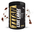 Titan Live Large rapid muscle builder supplement container with chocolate pieces and milk splashes on a white background Muscle Mecca