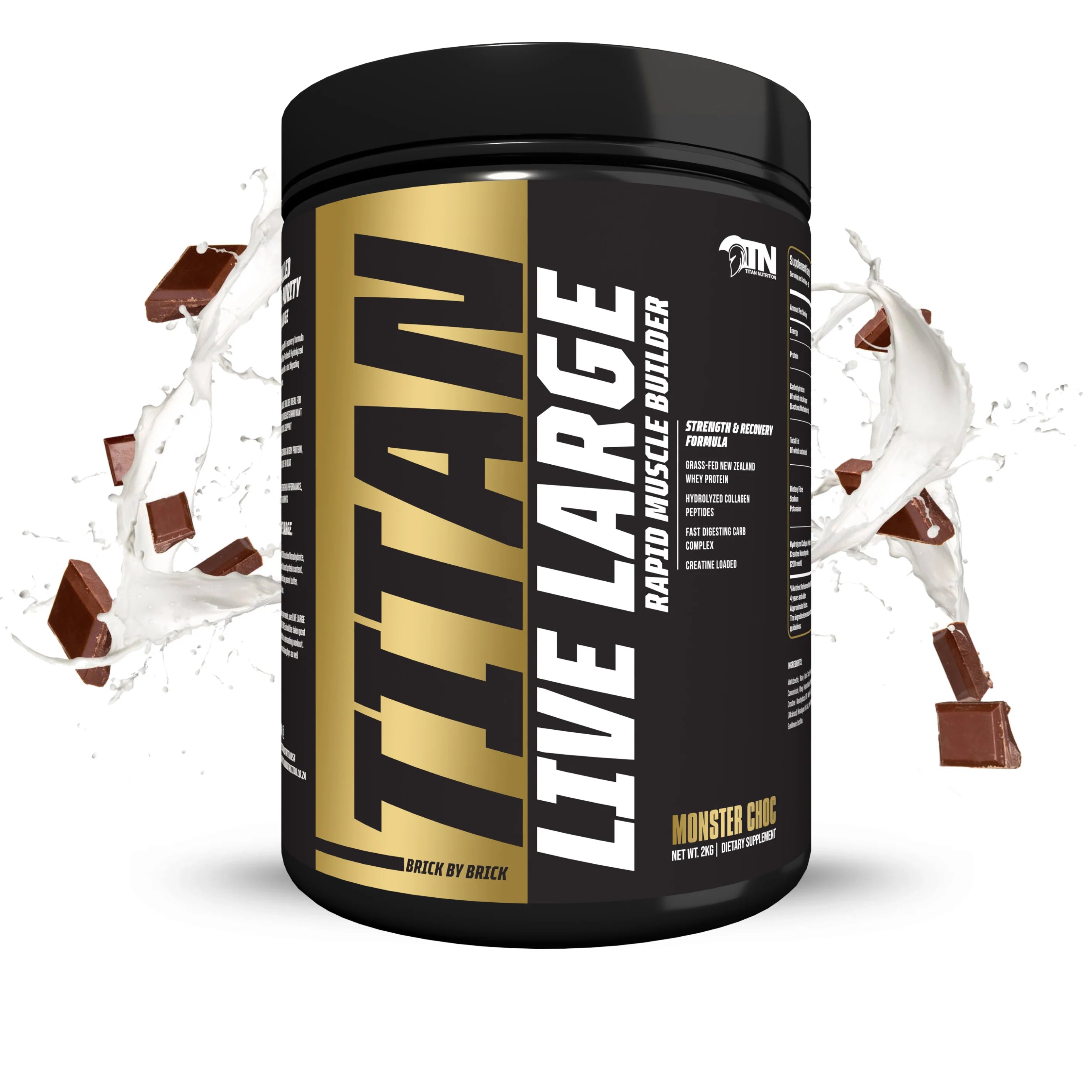 Titan Live Large rapid muscle builder supplement container with chocolate pieces and milk splashes on a white background Muscle Mecca
