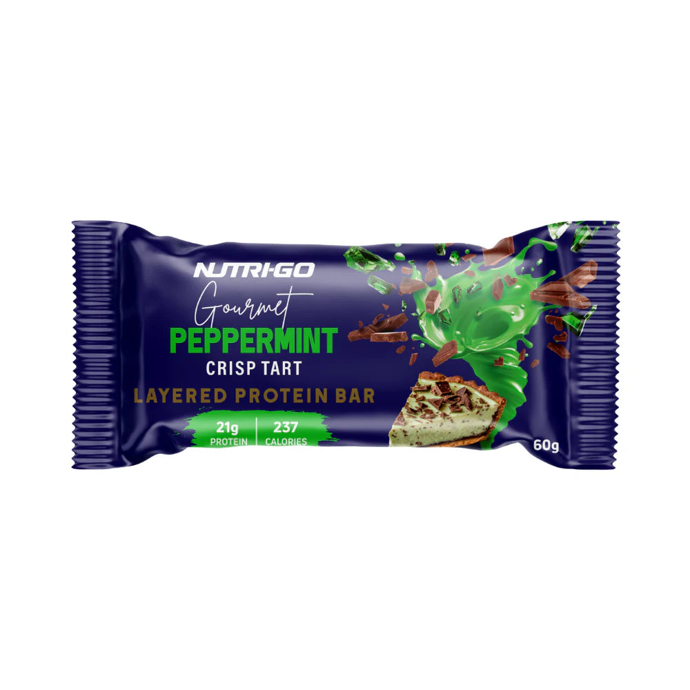 Nutrigo Gourmet Peppermint Crisp Tart layered protein bar packaging on a white background Muscle Mecca