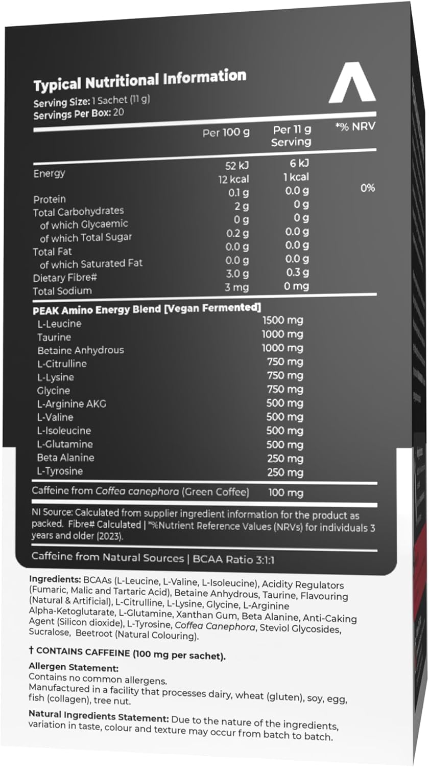 Nutritional information label on a supplement package with detailed ingredient list and serving size. Muscle Mecca