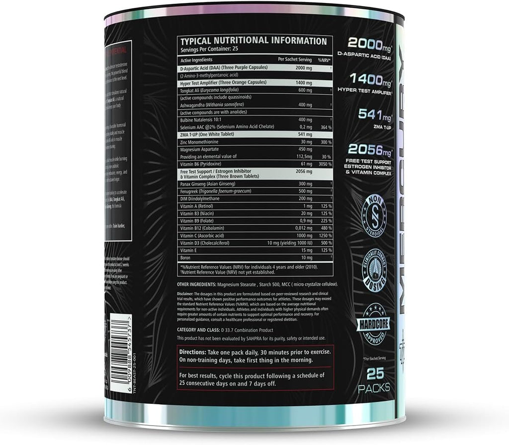 Nutritional information label on a supplement container Muscle Mecca