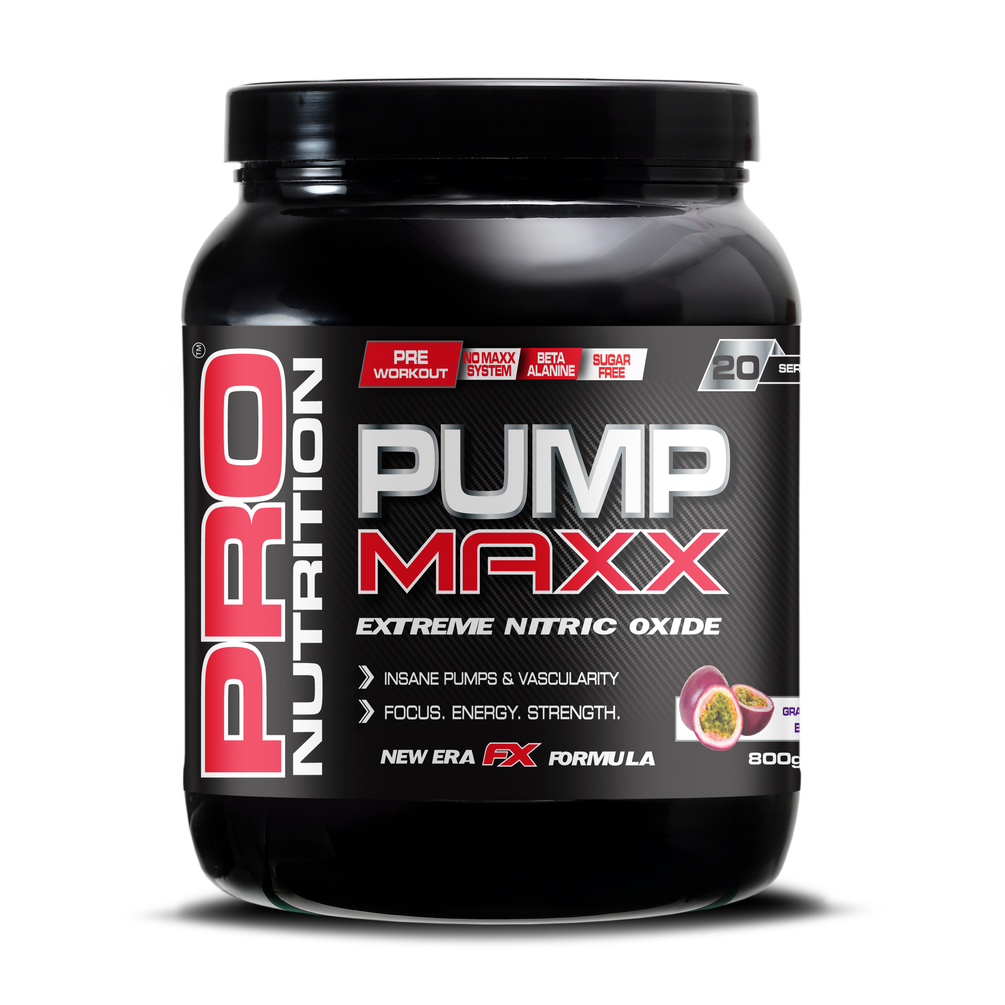 Black supplement container labeled 'Pump Maxx' by Pro Nutrition on a white background Muscle Mecca